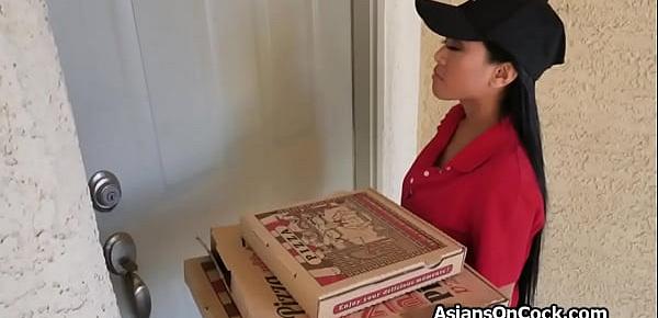  Asian delivery lady fucked by two horny guys